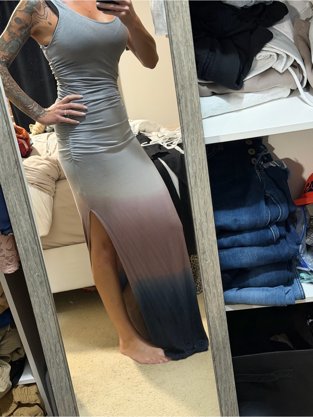 Mustard Seed Gray to Pink to Blue Ombre Maxi Skirt with Side Slit